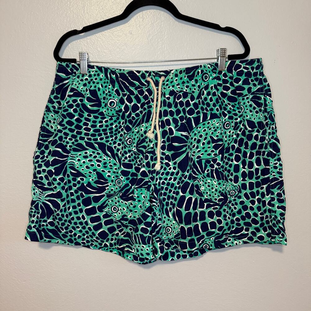 Lilly Pulitzer Men's Capri Trunks Swim Shorts Blue Green Fish Print XL
